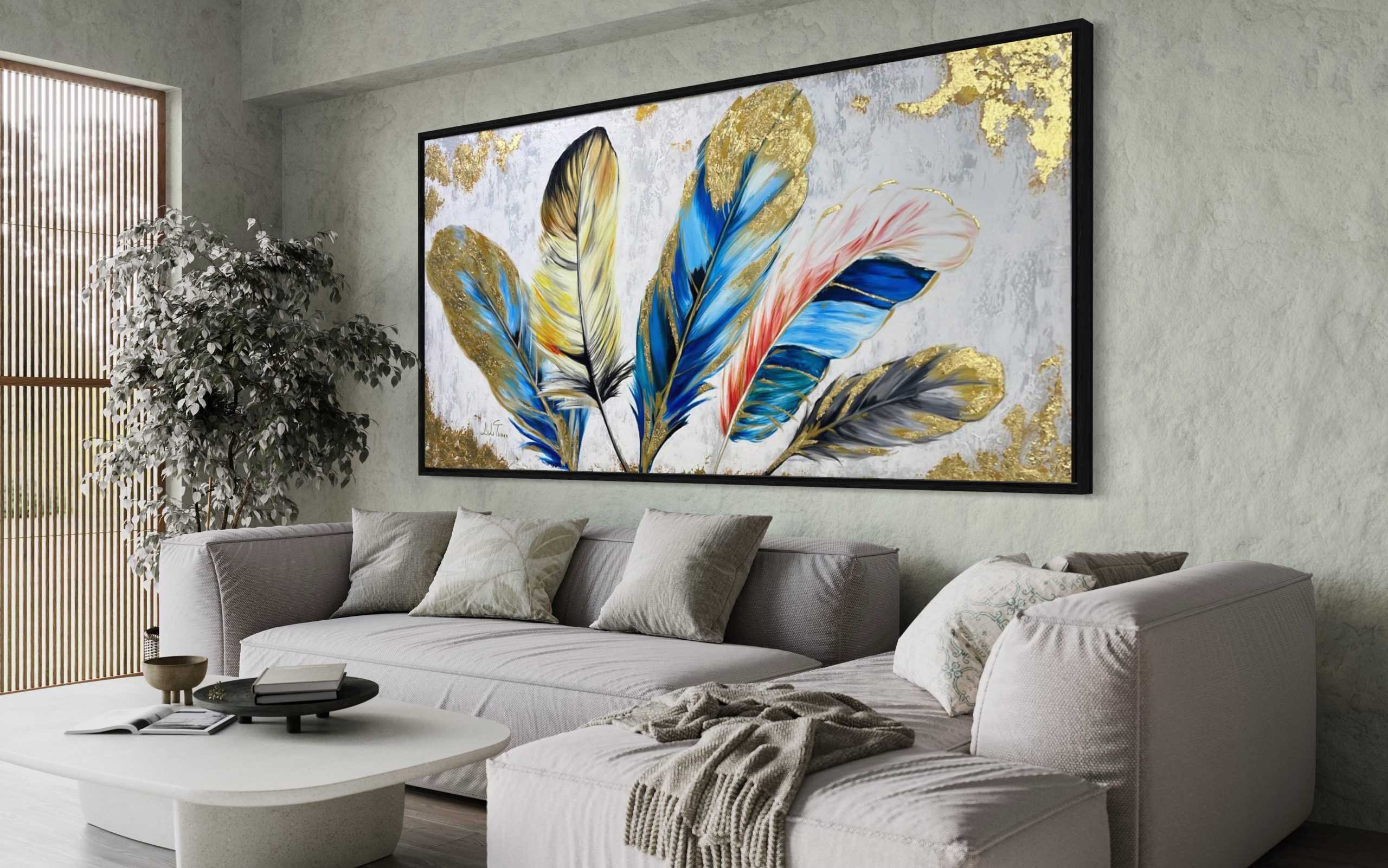 Cuadro artístico moderno Plumas pintado a mano - Imagen 2