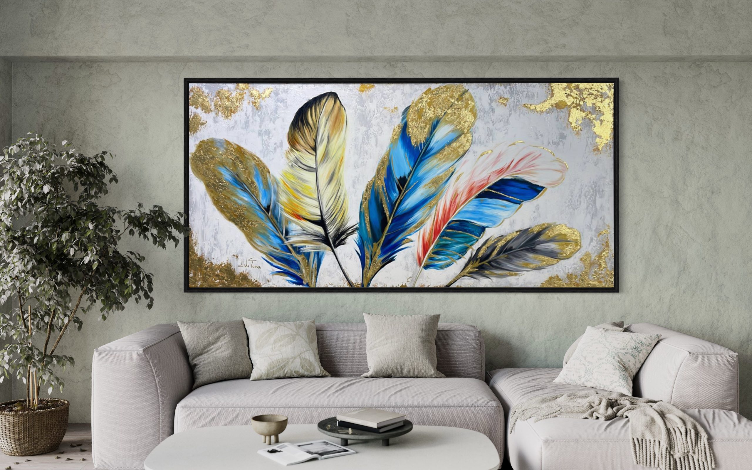 Cuadro artístico moderno Plumas pintado a mano - Imagen 3